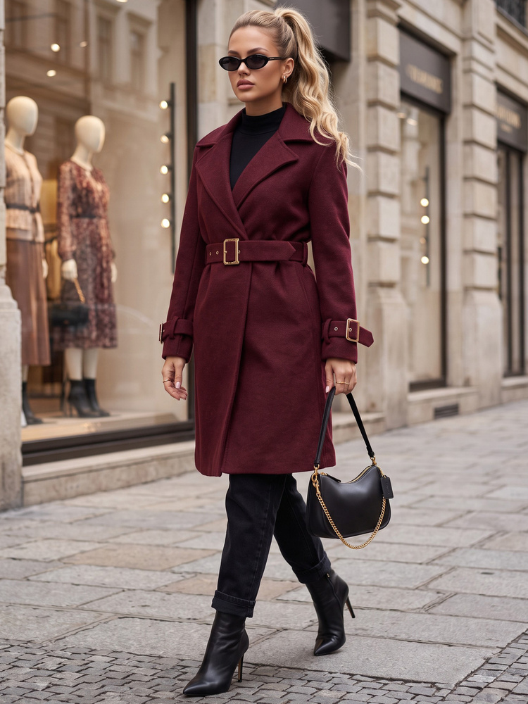 Dámský elegantní projmutý kabát s páskem, vínová - foto 2