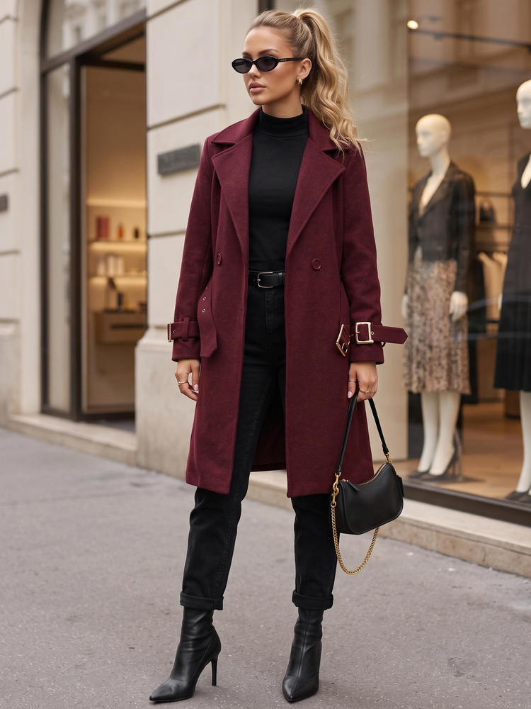 Dámský elegantní projmutý kabát s páskem, vínová - foto 3