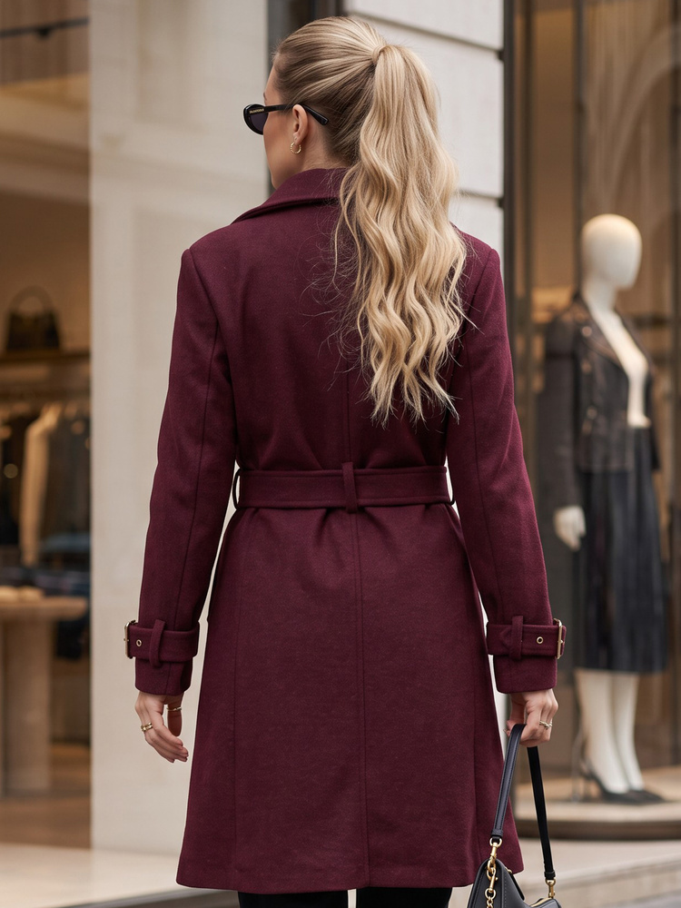 Dámský elegantní projmutý kabát s páskem, vínová - foto 4