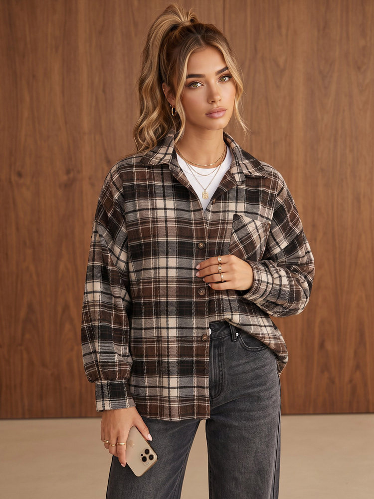 Női oversize flaneling hosszított hátrésszel, barna