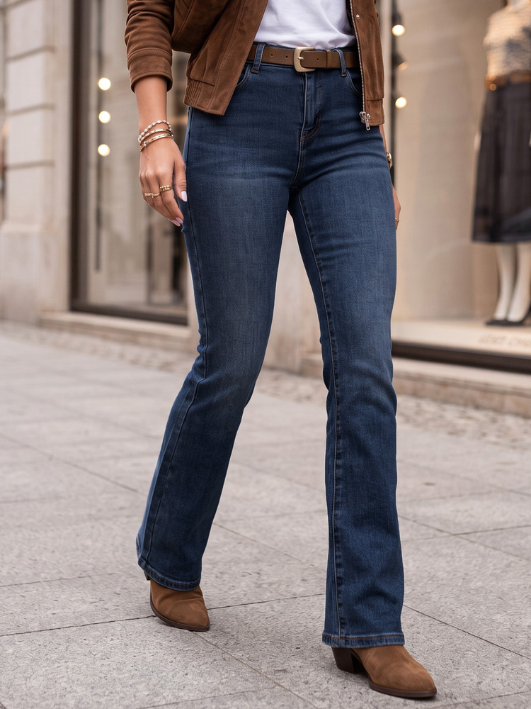 Dámske vysoké bootcut džínsy s rozšírenými nohavicami, modrá