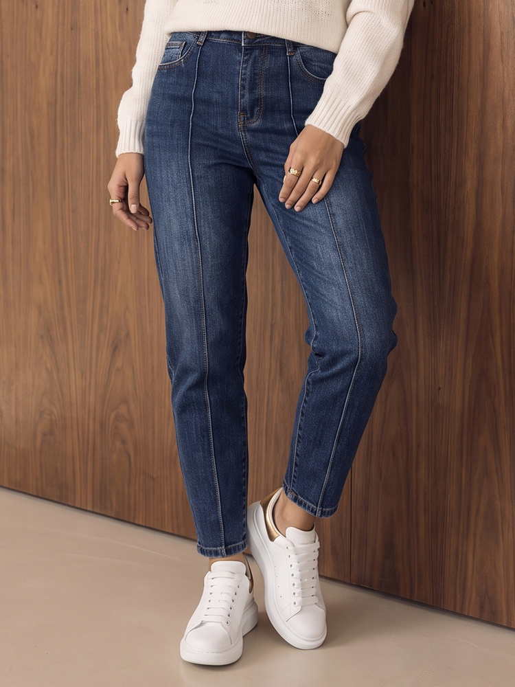 Dámske vysoké slim fit džínsy s prednými zvislými švami, námornícka modrá