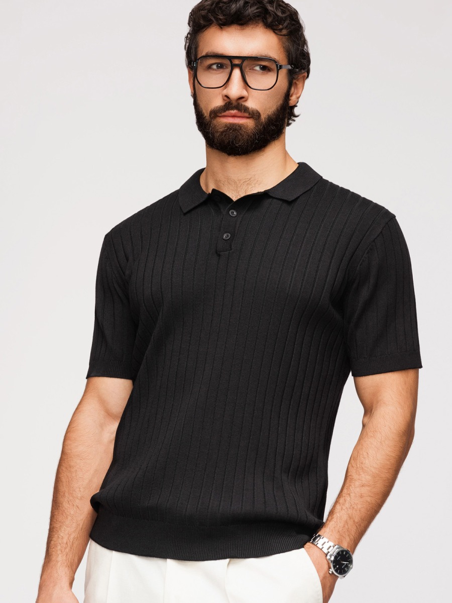 Férfi slim fit bordázott rövid ujjú pólóing, fekete