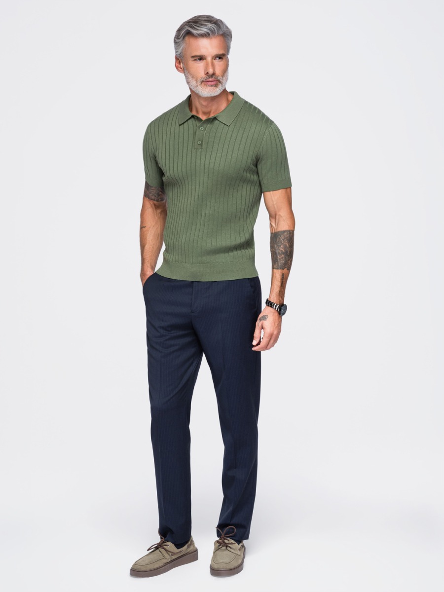 Férfi slim fit bordázott rövid ujjú pólóing, olívazöld