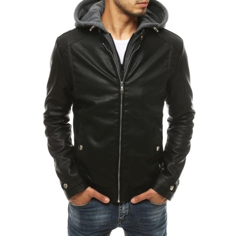 Pánska bunda kožená s kapucňou čierna tx3396