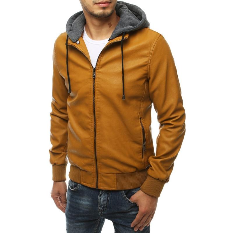Pánska bunda kožená s kapucňou karamelová tx3455