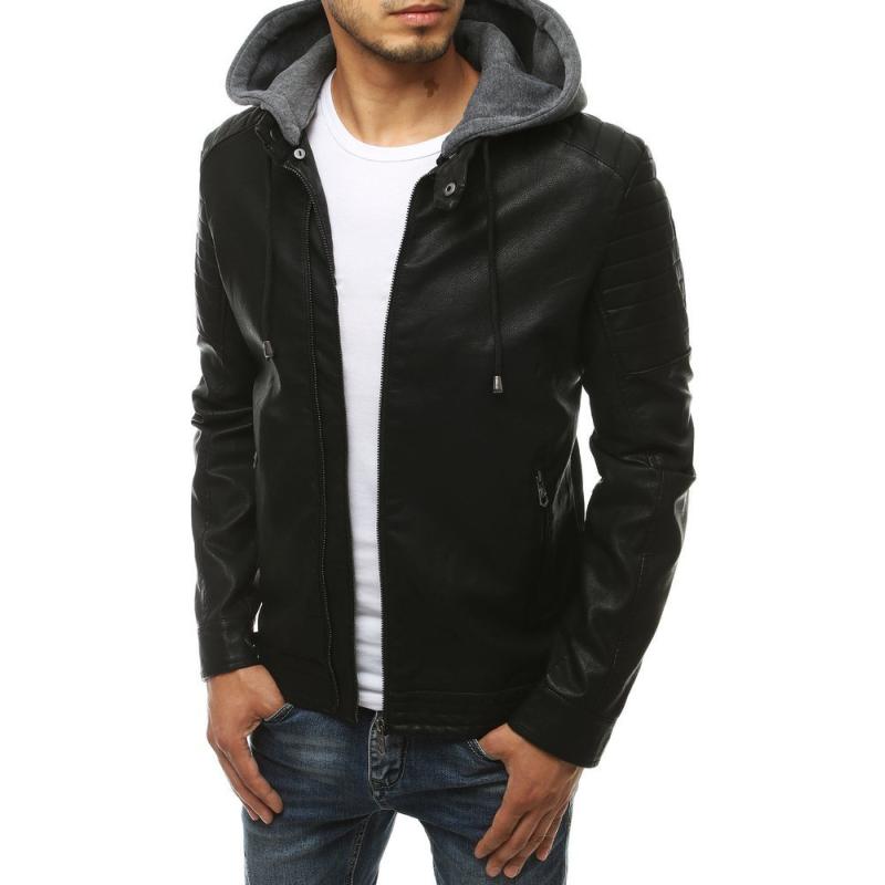 Pánska bunda kožená s kapucňou čierna tx3457