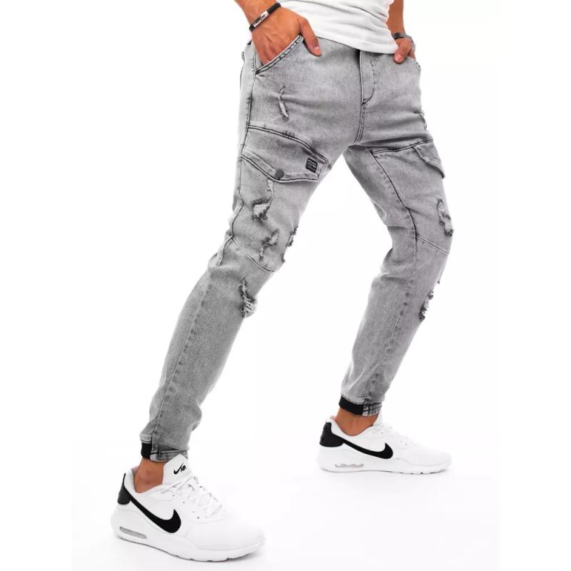 Pánske džínsovej jogger nohavice s vreckami šedej