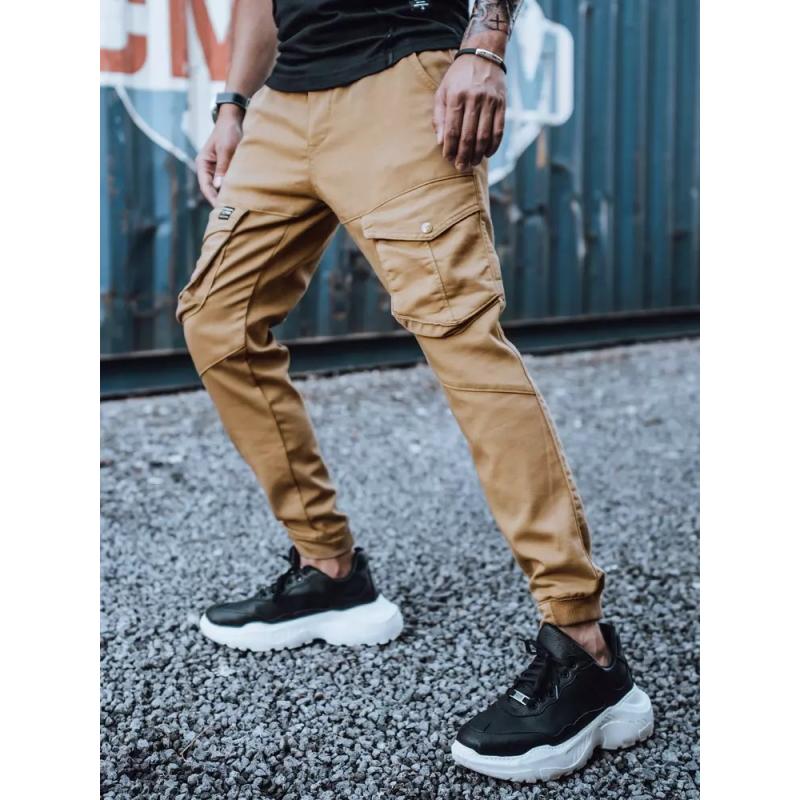 Pánske džínsovej jogger nohavice s vreckami hnedej