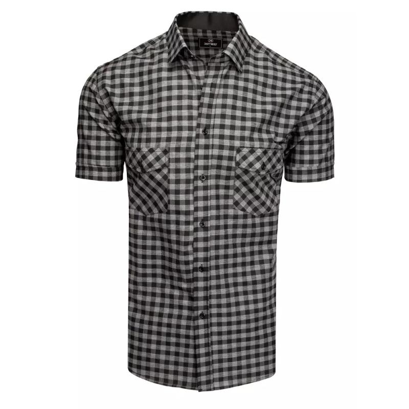 Pánska košeľa s krátkym rukávom kockovaná čierno šedá