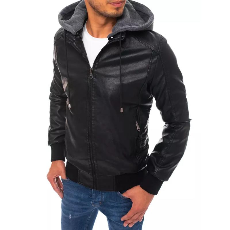 Pánska koženková bunda s kapucňou čierna STYLE