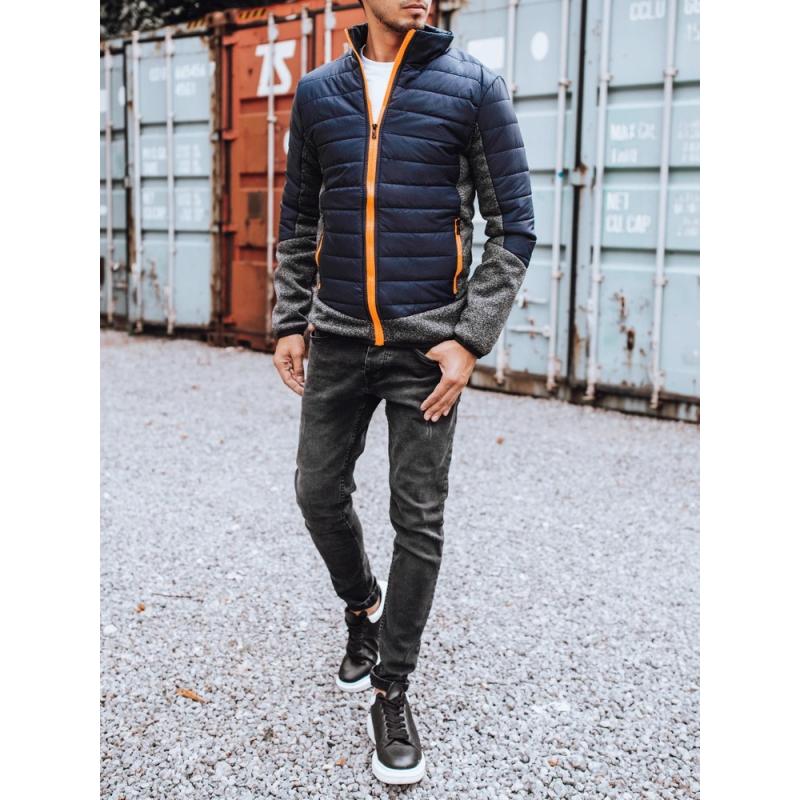 Pánská zimní bunda prošívána bez kapuce modrá