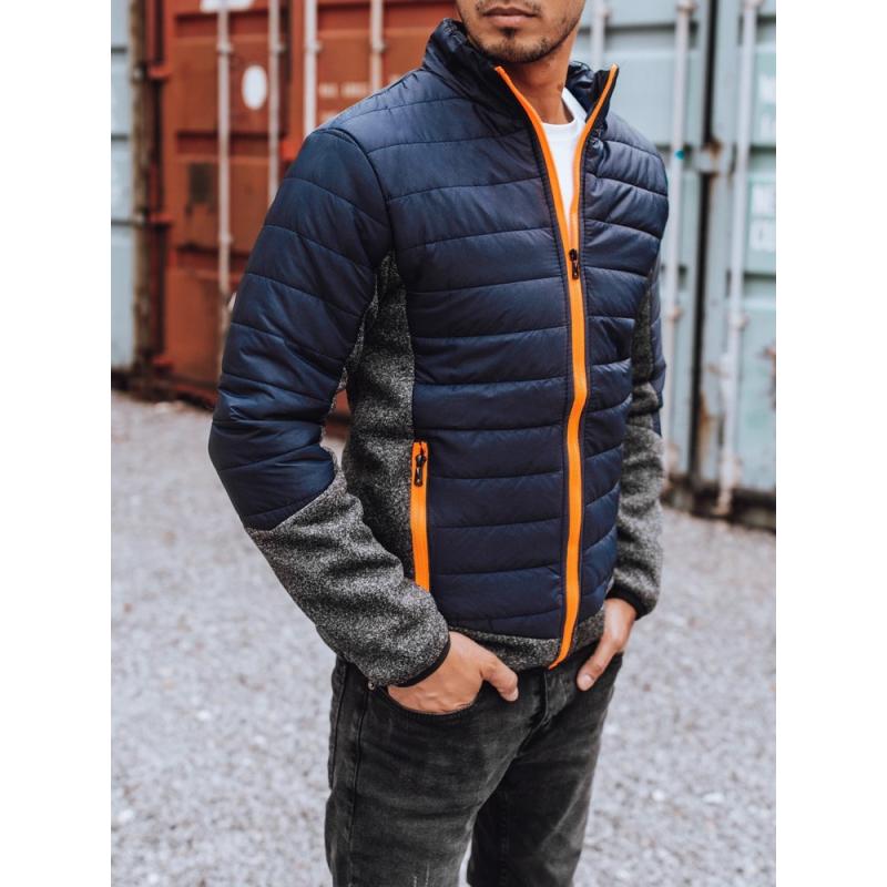 Pánská zimní bunda prošívána bez kapuce modrá