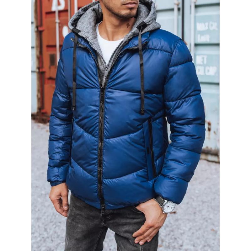 Pánská zimní bunda prošívána s kapucí světle modrá HEAVY