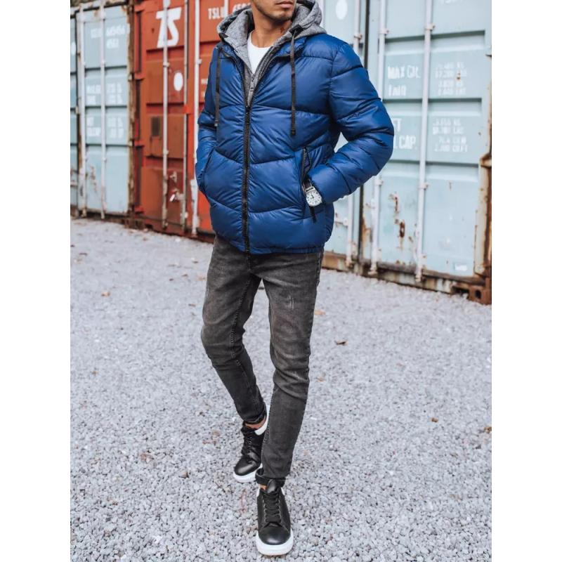 Pánská zimní bunda prošívána s kapucí světle modrá HEAVY