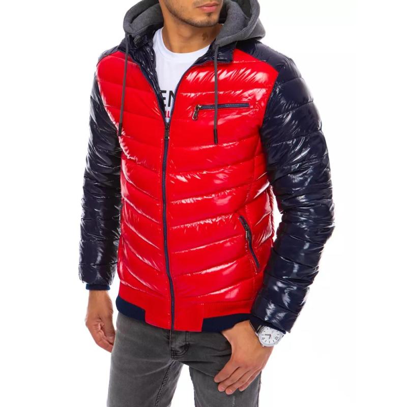 Pánska štýlová zimná bunda prešívaná s kapucňou STREET červená a modrá