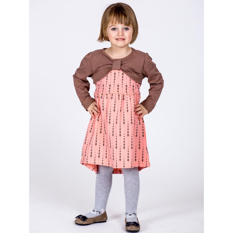 Broskvové bavlněné dětské šaty se vzorem a dlouhými rukávy