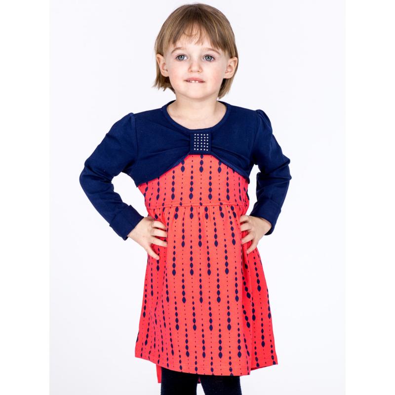 Korálové bavlněné dětské šaty se vzorem a dlouhými rukávy