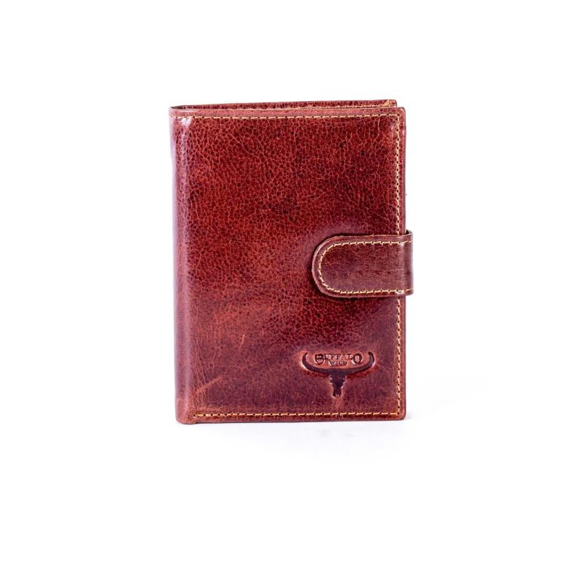 Hnedá kožená peňaženka s reliéfom a zapínaním na gombíky