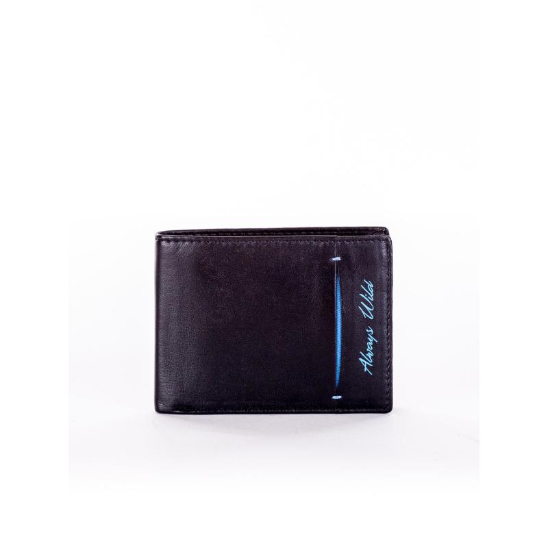 Černá kožená peněženka s modrým nápisem