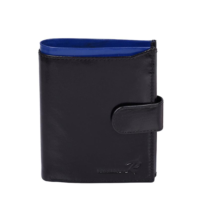 Pánska vertikálna kožená peňaženka čierna s modrou vložkou