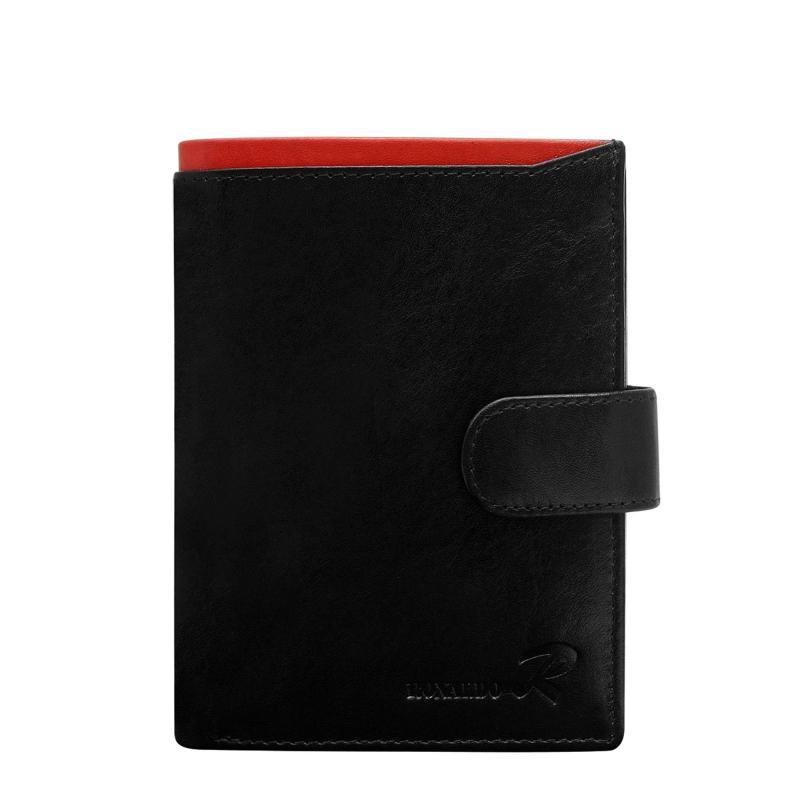 Pánska vertikálna čierna kožená peňaženka s červenou vložkou