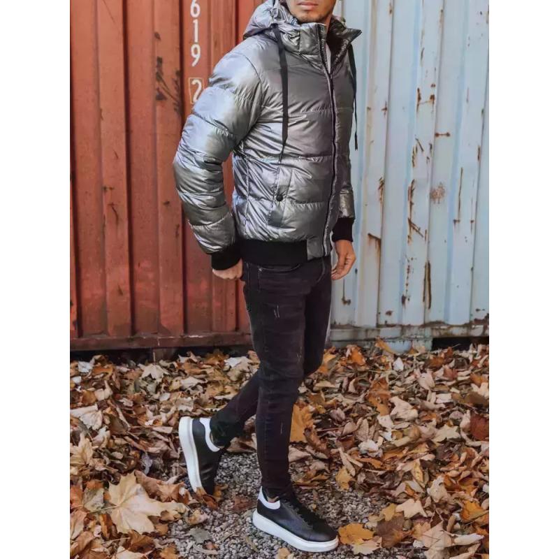 Férfi steppelt fényes kabát kapucnival MANY silver