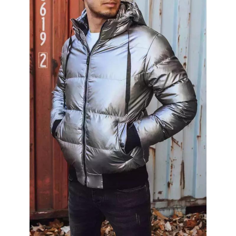 Férfi steppelt fényes kabát kapucnival MANY silver