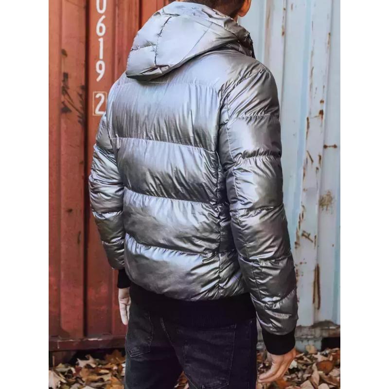 Férfi steppelt fényes kabát kapucnival MANY silver