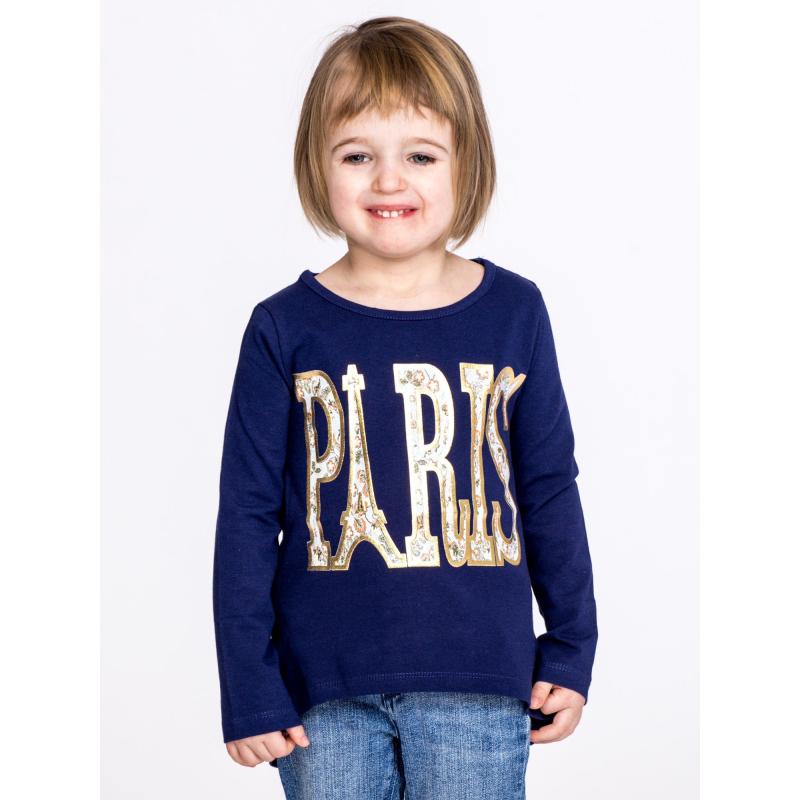 Dievčenská bavlnená blúzka v tmavomodrej farbe s nápisom PARIS