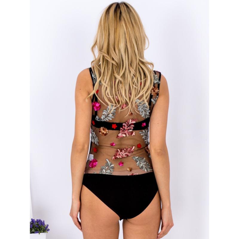 Dámské body s květinovou výšivkou průhledné SIA černé