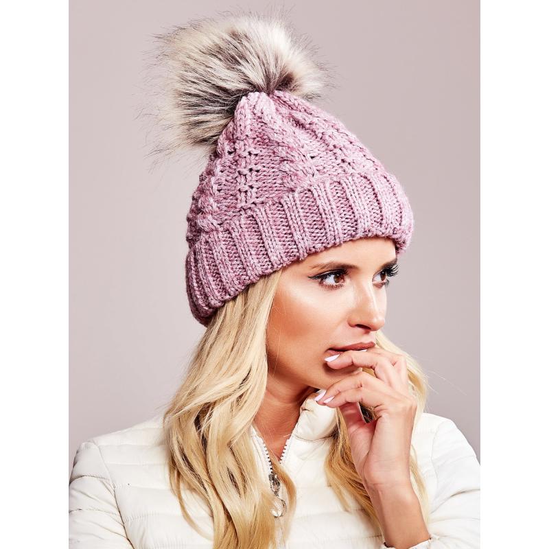 Női sapka szőrmés applikációval rózsaszín