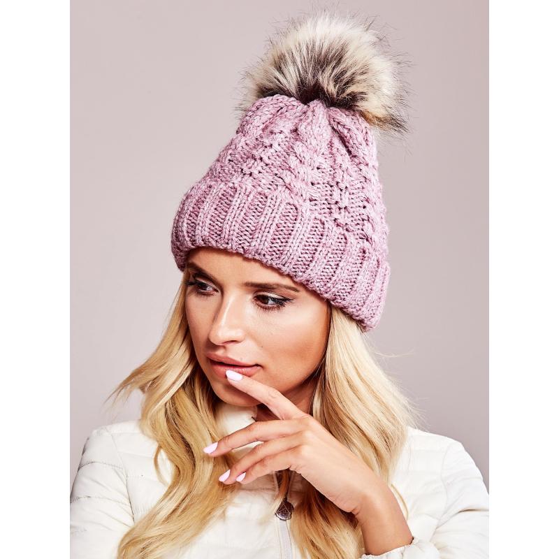 Női sapka szőrmés applikációval rózsaszín
