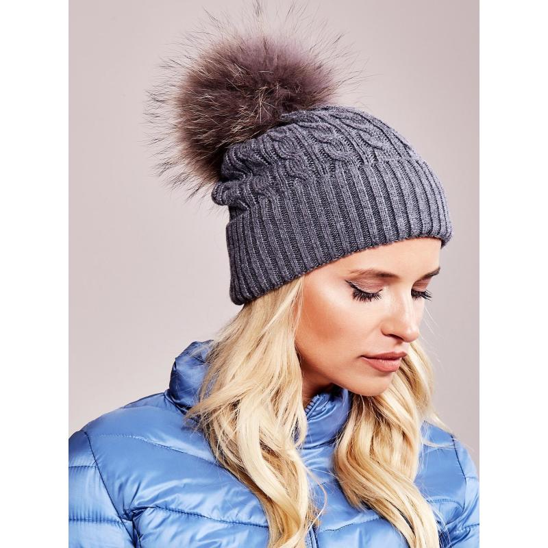 Női sapka húzózsinórral és szőrmés pomponnal sötétszürke