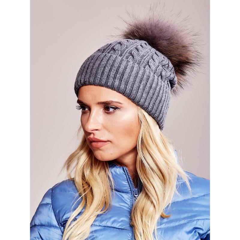 Női sapka húzózsinórral és szőrmés pomponnal sötétszürke