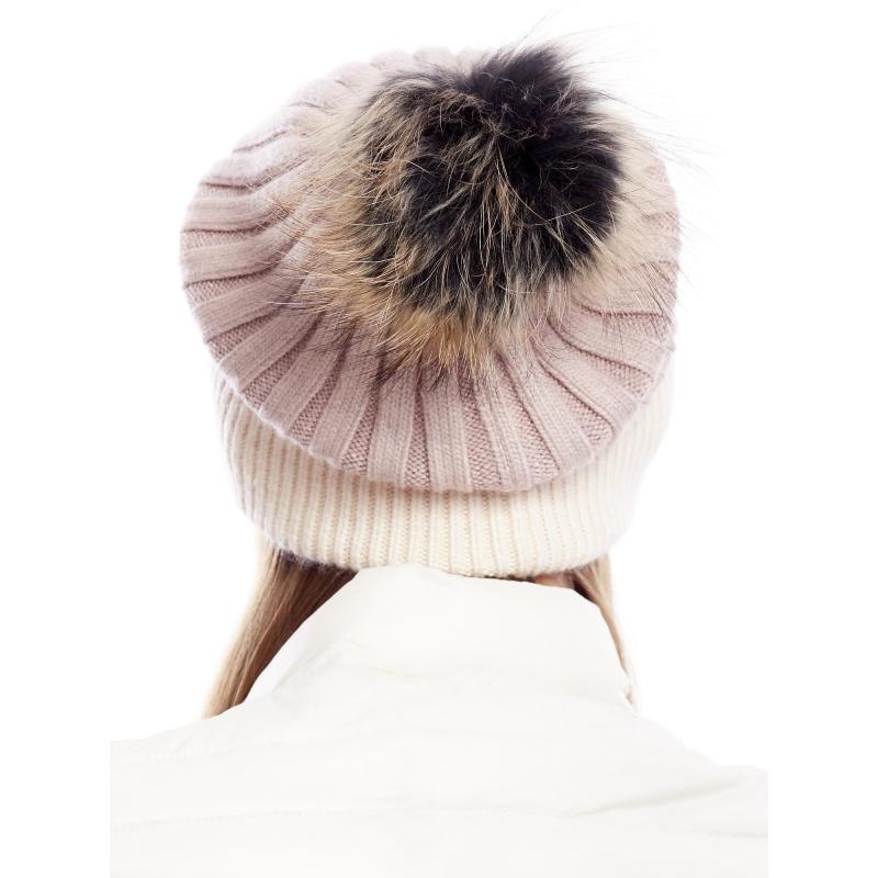 Dámská čepice s kožešinovou bambulí pruhovaná hnědá 