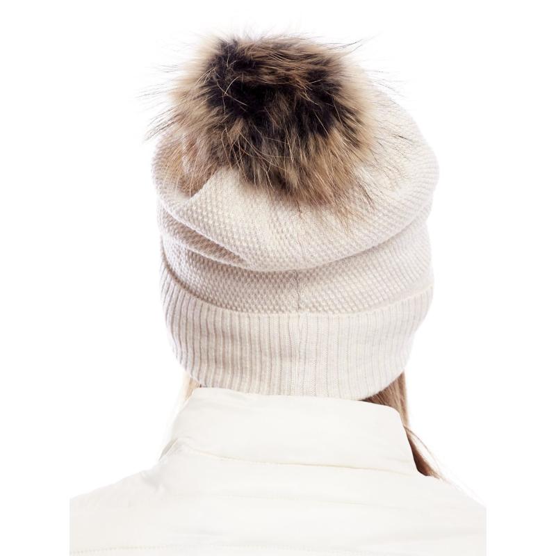 Női széles karimájú sapka szőrmés pomponnal bézs színben
