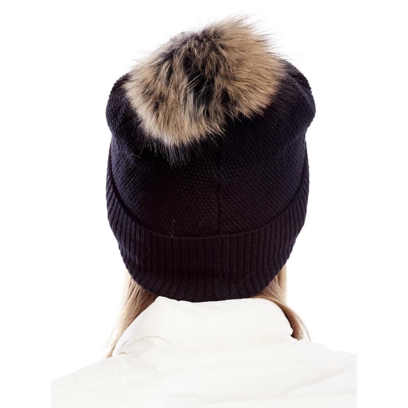 Női széles karimájú sapka szőrmés pomponnal fekete