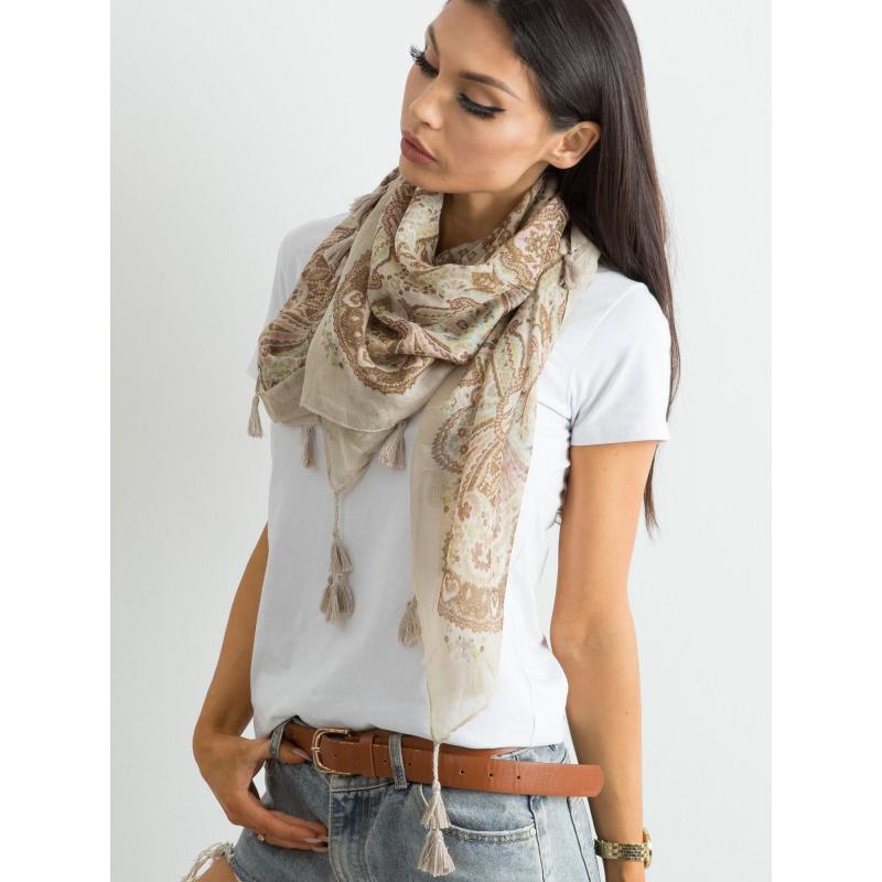 Béžový šátek s potiskem a střapci