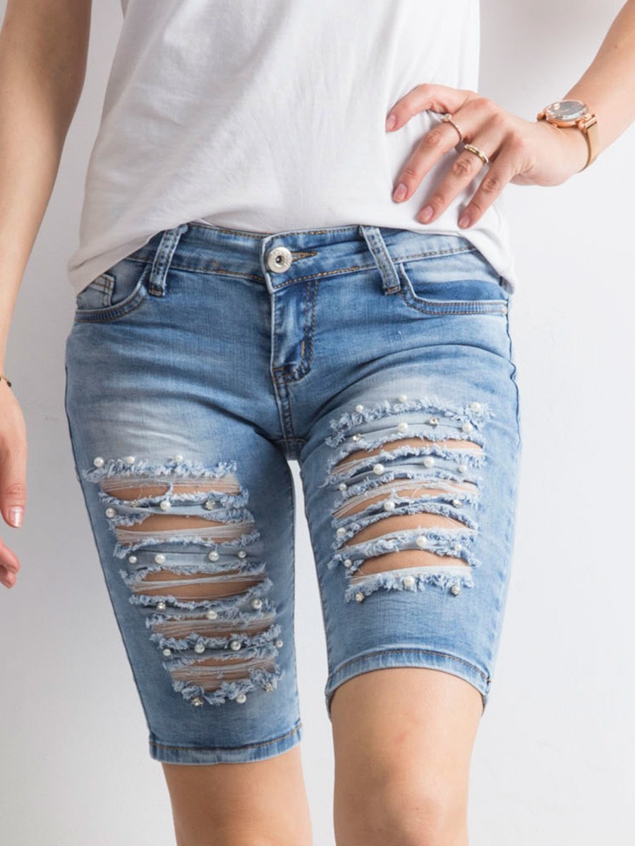 Dámske bermudy s dierami denim OVA modré