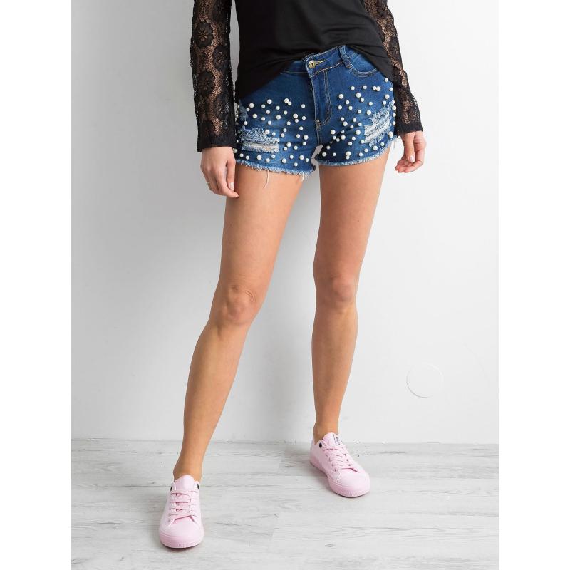 Dámské šortky džínové s perlami PEARLS tmavě modré