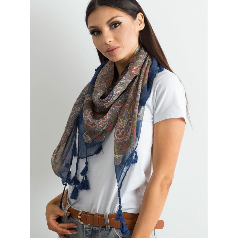 Tmavě modrý šátek s potiskem a střapci