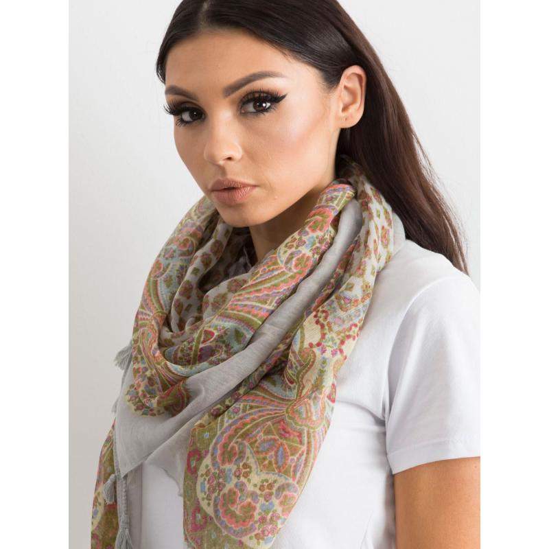 Női nyomtatott sál bojtokkal RAYAN világosszürke