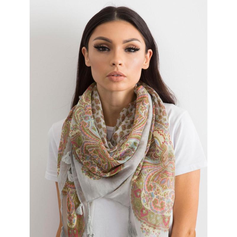 Női nyomtatott sál bojtokkal RAYAN világosszürke
