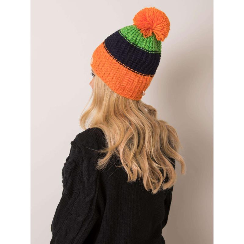 Női pomponos sapka RUE PARIS narancssárga és sötétkék színben