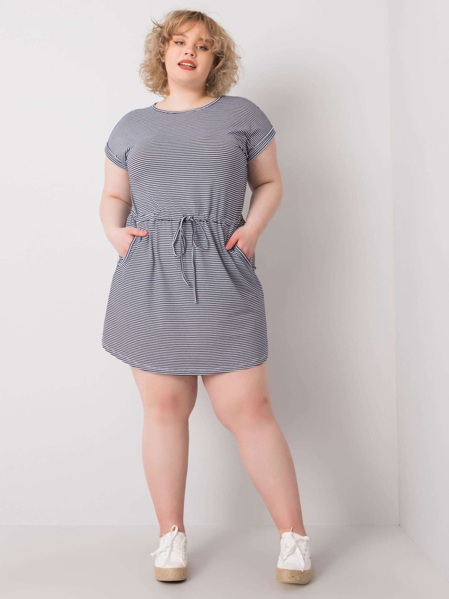 Dámske pruhované plus size mini šaty SARIYAH námornícka modrá a biela