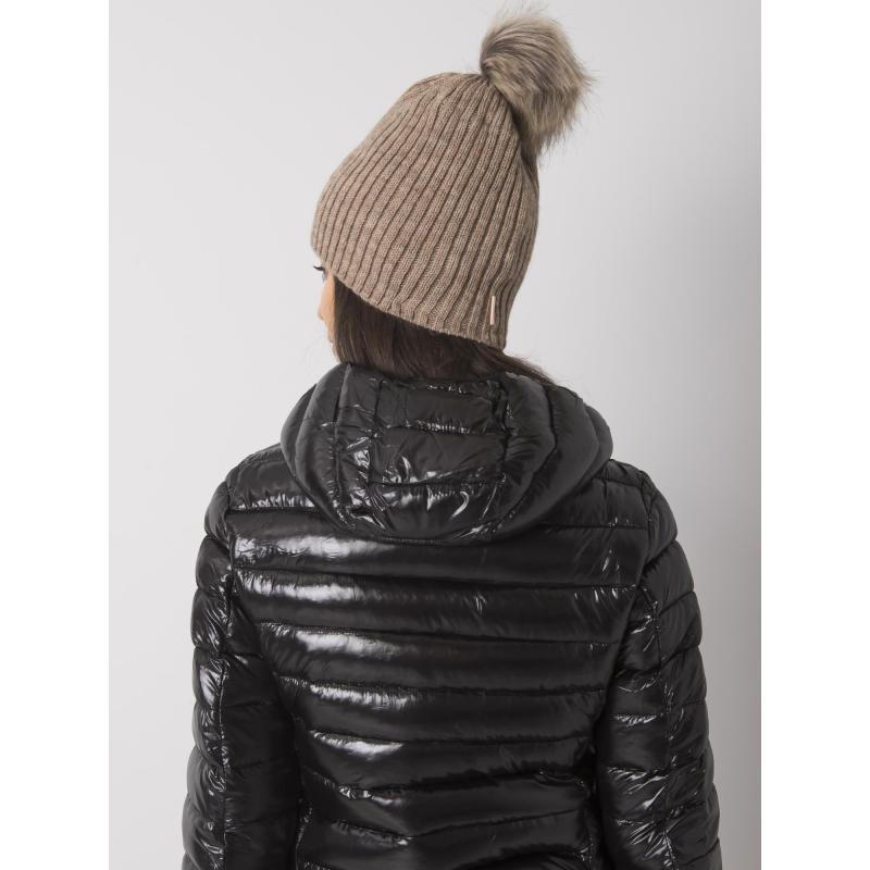 Dámská čepice s bambulí zateplená tmavě béžová  