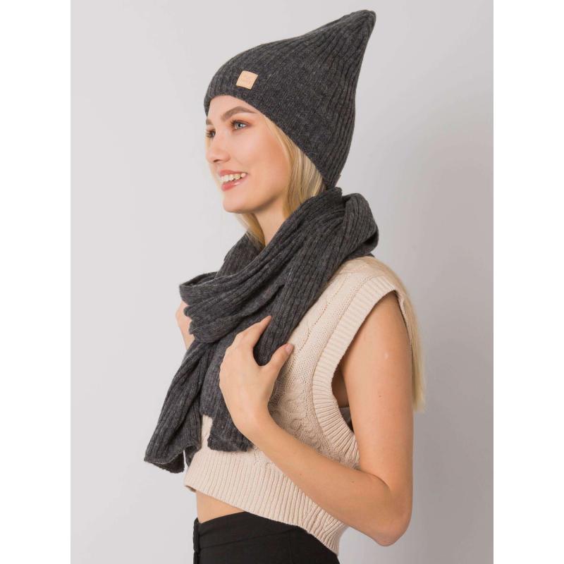 Női szett sapkával és sállal RUE PARIS sötétszürke színben