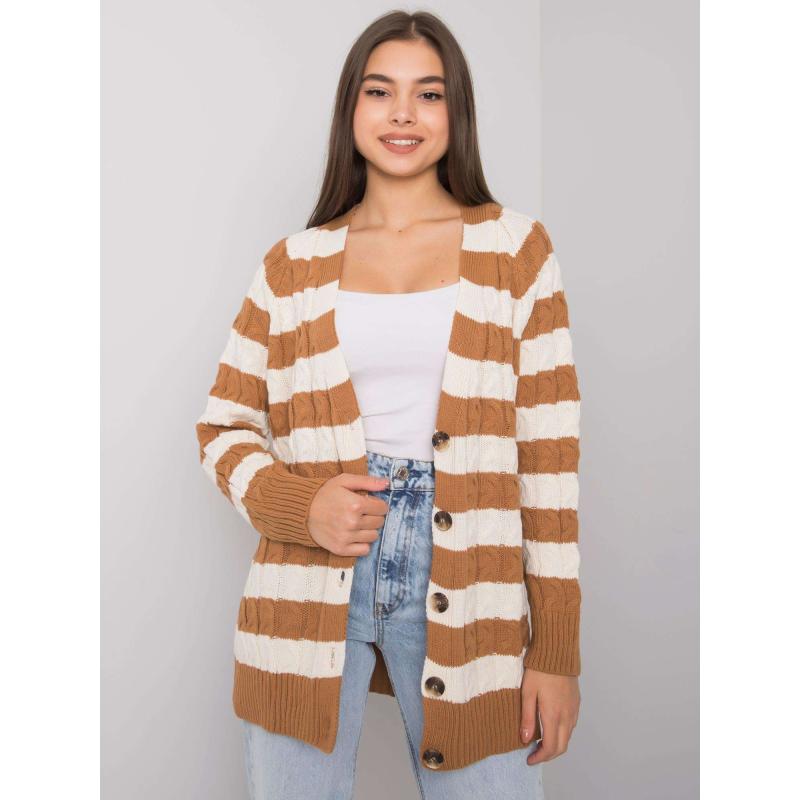 Női csíkos kötött pulóver LAMILA barna és krém színben