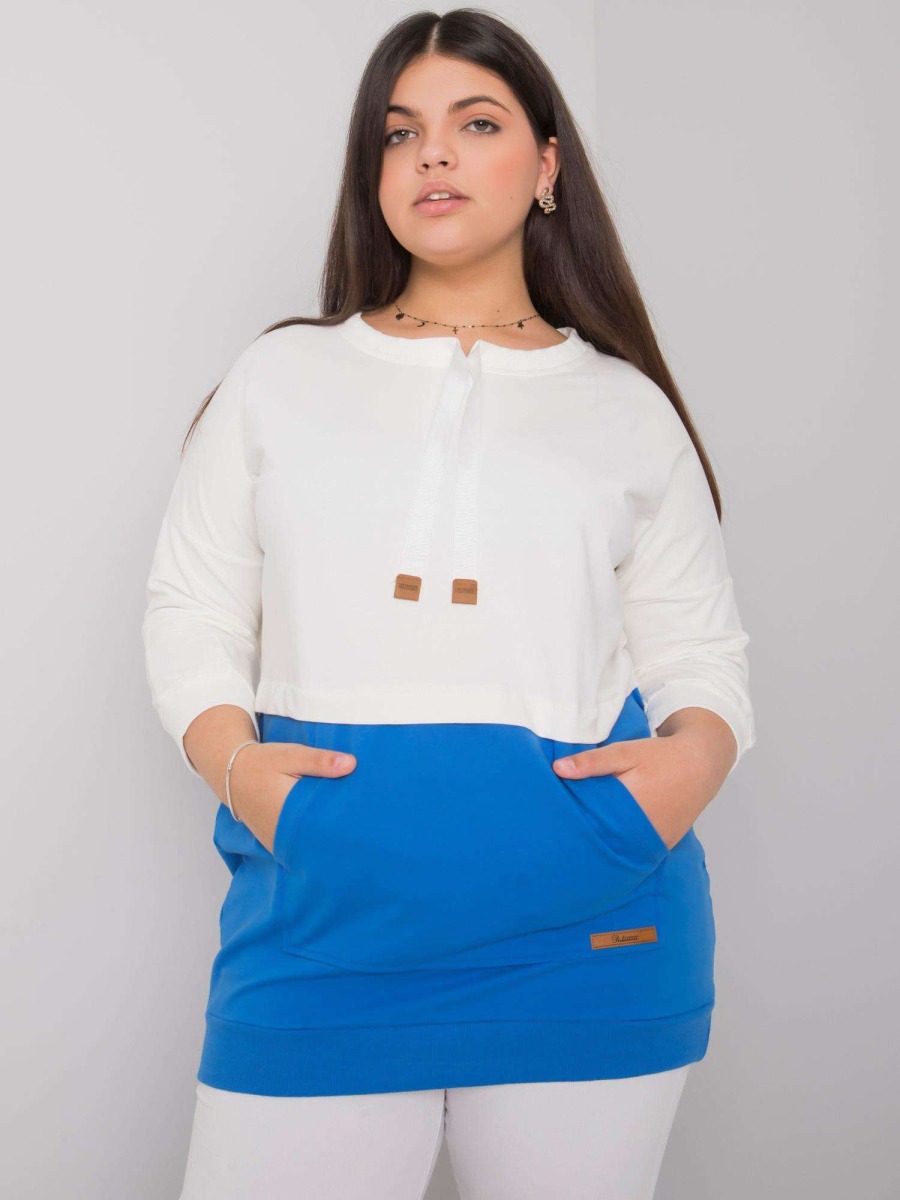 Dámská mikina s kapucí plus size SIRA ecru-modrá 